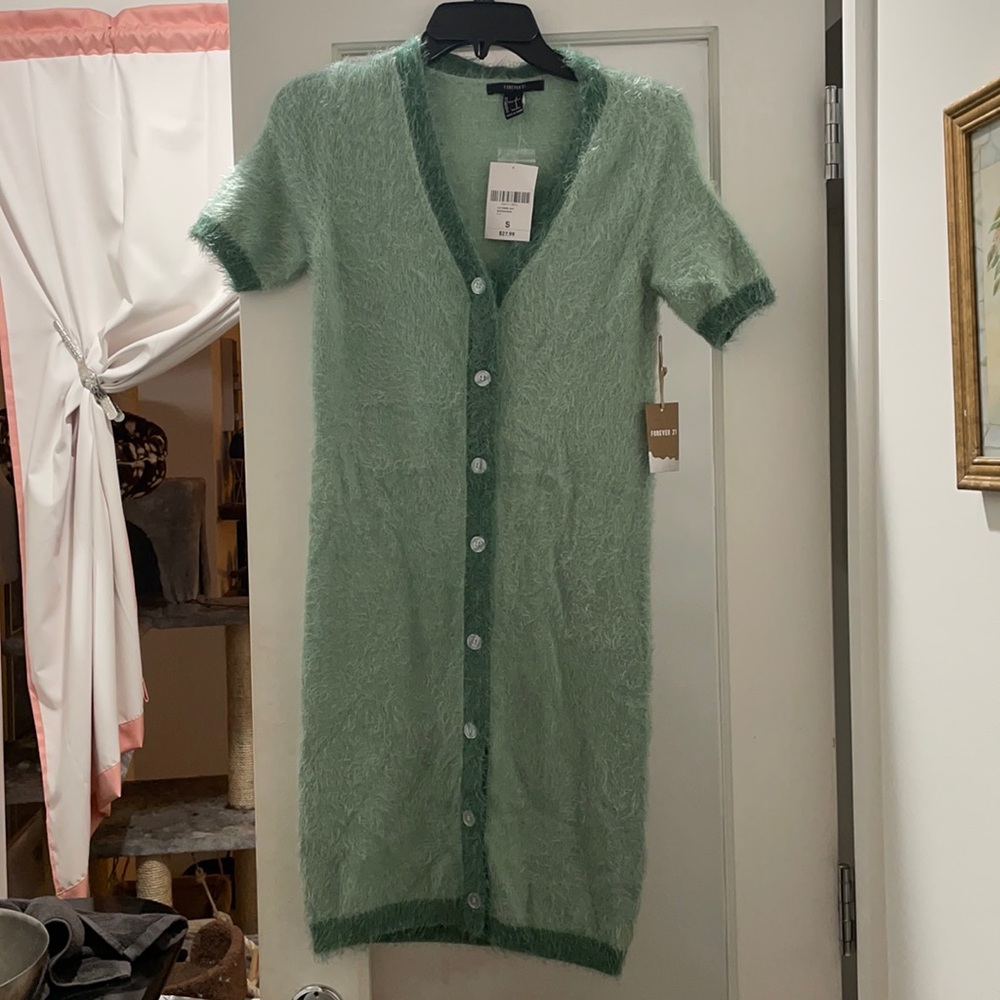 Mint Teal Fuzzy 90s Style Cardigan Dress